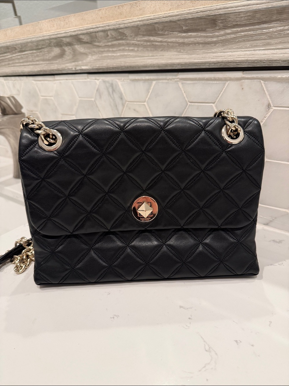 kate spade Medium Black Flap Quilted Shoulder and Crossbody Bag with Gold Chain
